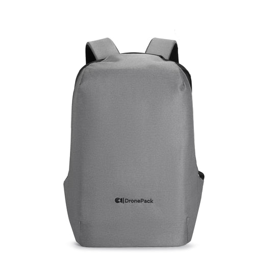 Gray backpack with 'DronePack' logo on a white background