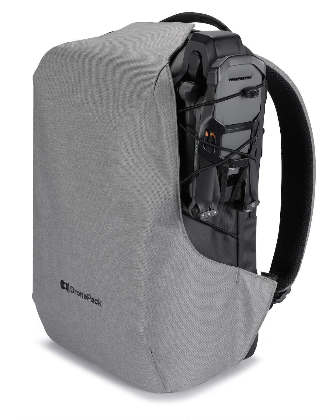 Gray backpack with a drone attached on a white background