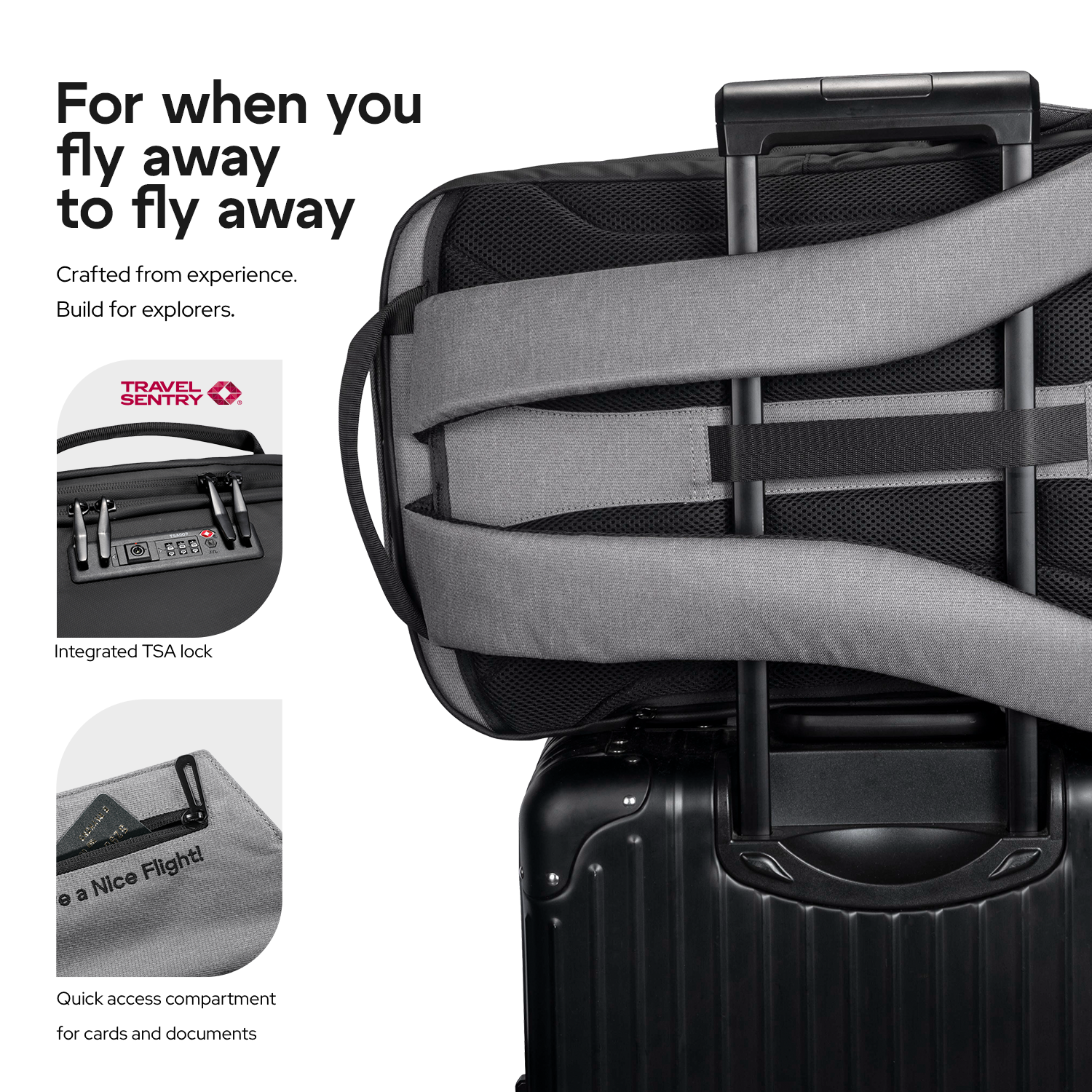 Black suitcase with gray handle and shoulder strap, featuring Travel Sentry logo and TSA lock, on a white background.